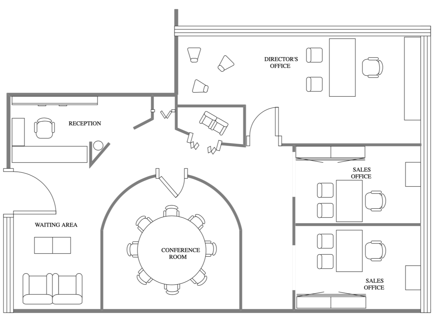 Plan d'étage d'une entreprise, montrant une salle de conférence, un espace d'attente, des bureaux pour le directeur et les ventes.