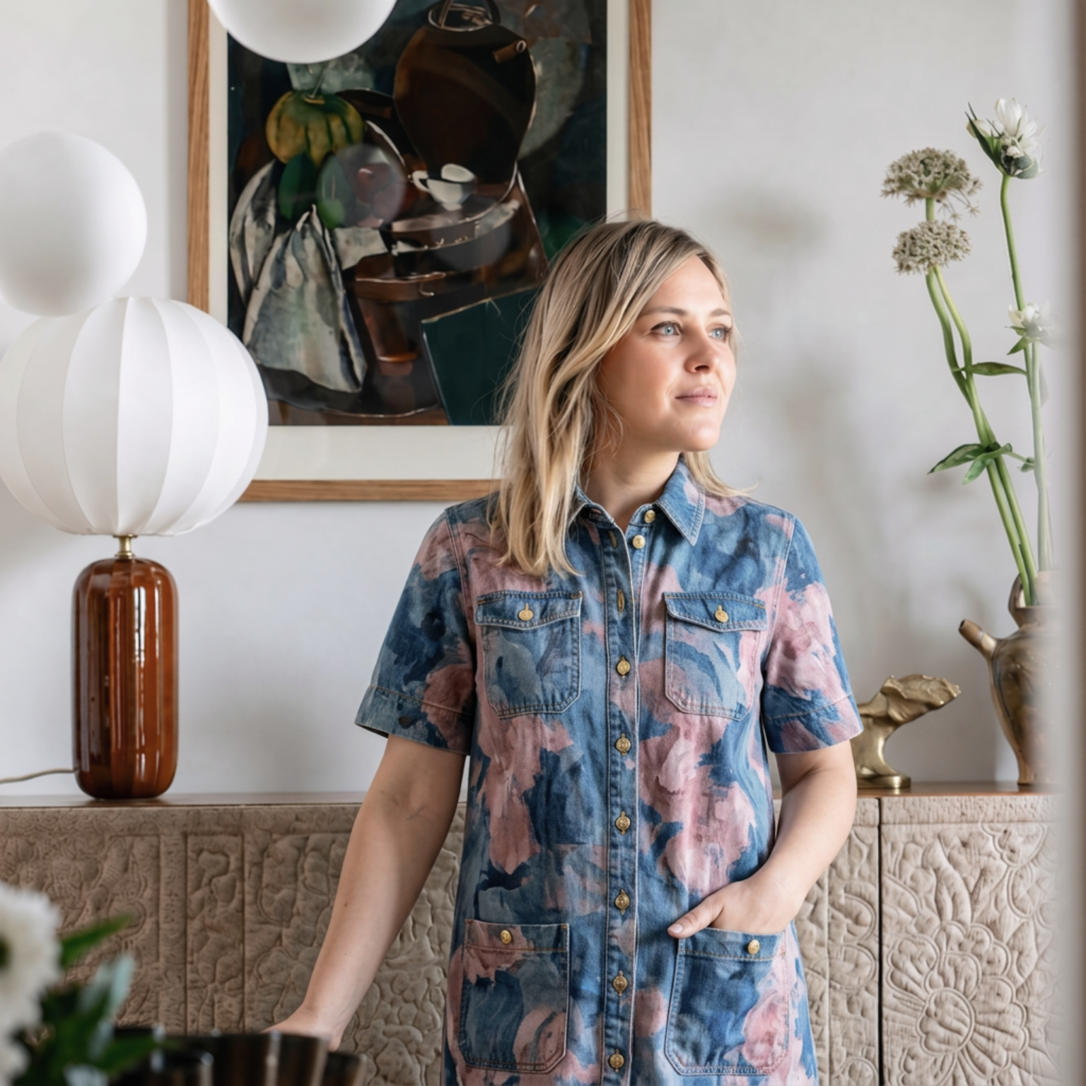 mélanie Trinkwell posant au sein d'un projet de design d'intérieur signé par son studio, contrastes et couleurs au rendez-vous dans un style maximaliste et raffiné