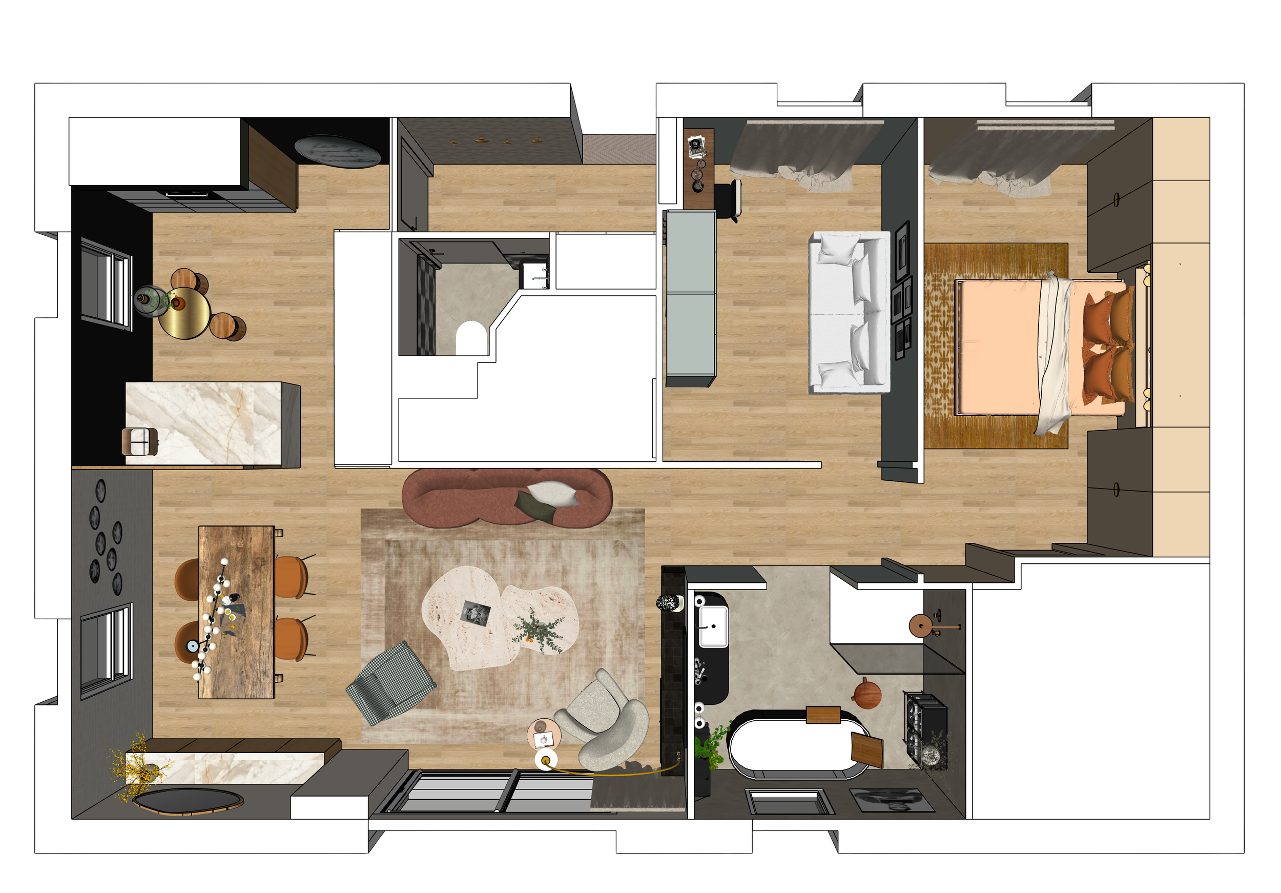 Plan d'un appartement de style moderne avec salon, cuisine, chambre et salle de bain.
