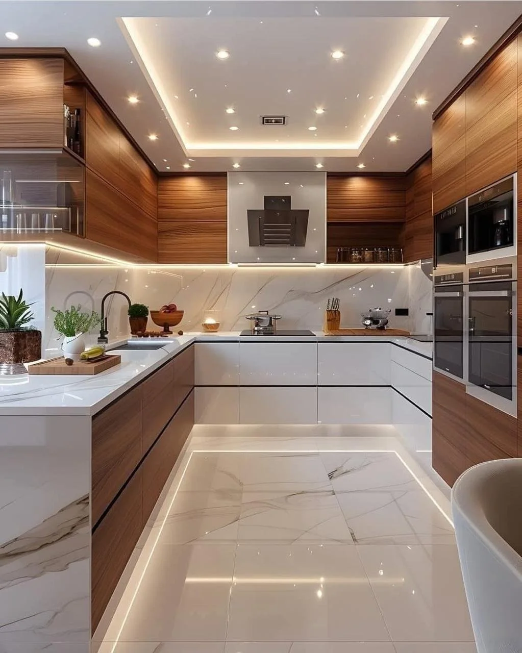 Cocina moderna con gabinetes de madera y encimeras blancas, con paredes de mármol y electrodomésticos integrados, decorada con plantas y utensilios de cocina.