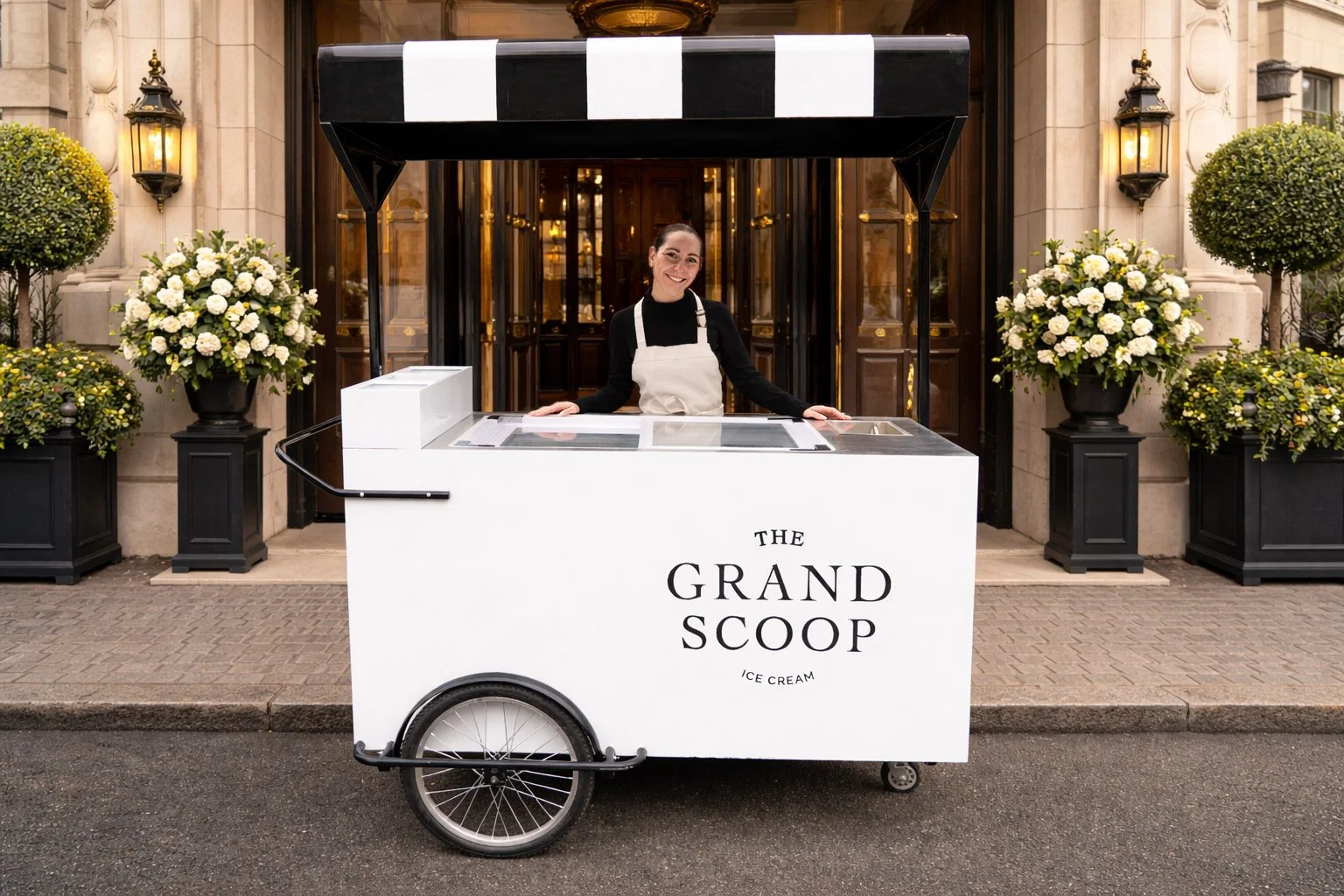 Business professionals at an outdoor event enjoying ice cream from a cart labeled 'The Grand Scoop Ice Cream.'