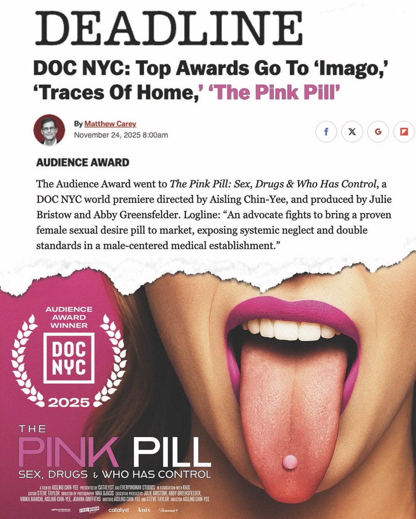 We did it. 🩷 The Pink Pill just won the DOC NYC Audience Award &mdash; chosen from 200+ films.

Proof that when women&rsquo;s stories finally get the spotlight, they don&rsquo;t just hold their own&hellip; they dominate.

Thank you to everyone who s