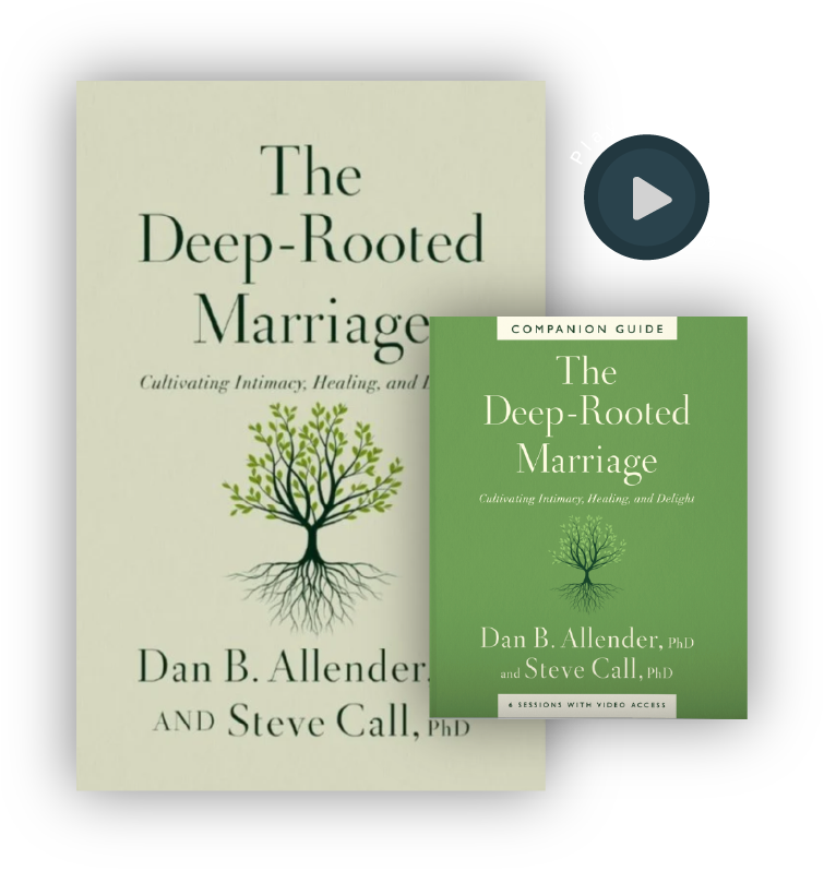 Book cover titled 'The Deep-Rooted Marriage: Cultivating Intimacy, Healing, and Delight' by Dan B. Allender, PhD and Steve Call, PhD, with a green background and an illustration of a tree with roots.