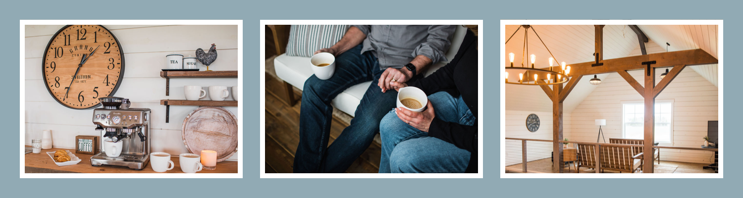 Collage of three cozy, rustic indoor scenes. The first shows a coffee station with a large wall clock, coffee maker, cups, and candles. The second depicts two people sitting on a couch, each holding a cup of coffee. The third features a bright, airy living room with wooden beams, a chandelier, sofas, and windows.