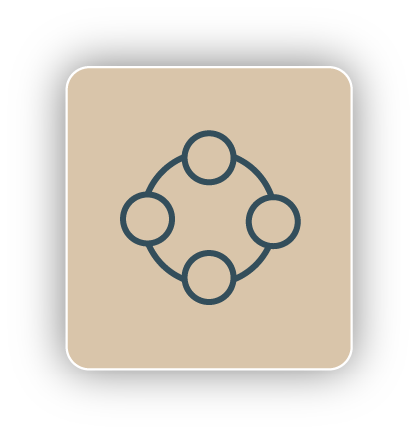 Icon of four connected circles arranged in a square pattern, representing a network or connection.