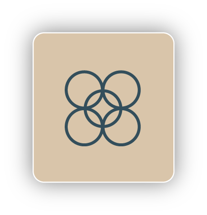 A beige square tile with five interlocking circles and a central smaller circle on a black background.