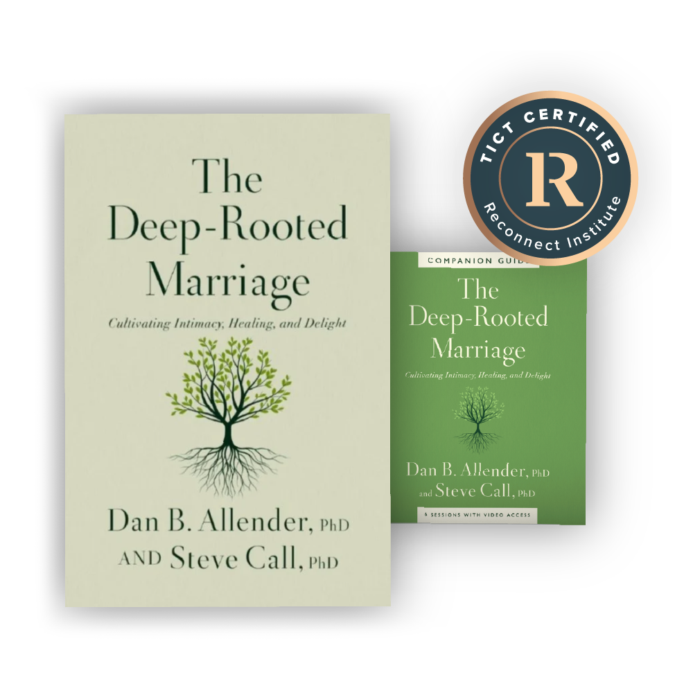 Image of two book covers for 'The Deep-Rooted Marriage' by Dan B. Allender and Steve Call, with a 'TIC Certified Reconnect Institute' badge in top right corner.