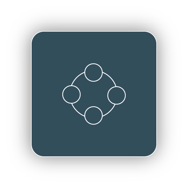 Icon of a central circle connected to five surrounding circles in a circular arrangement, on a dark square background.