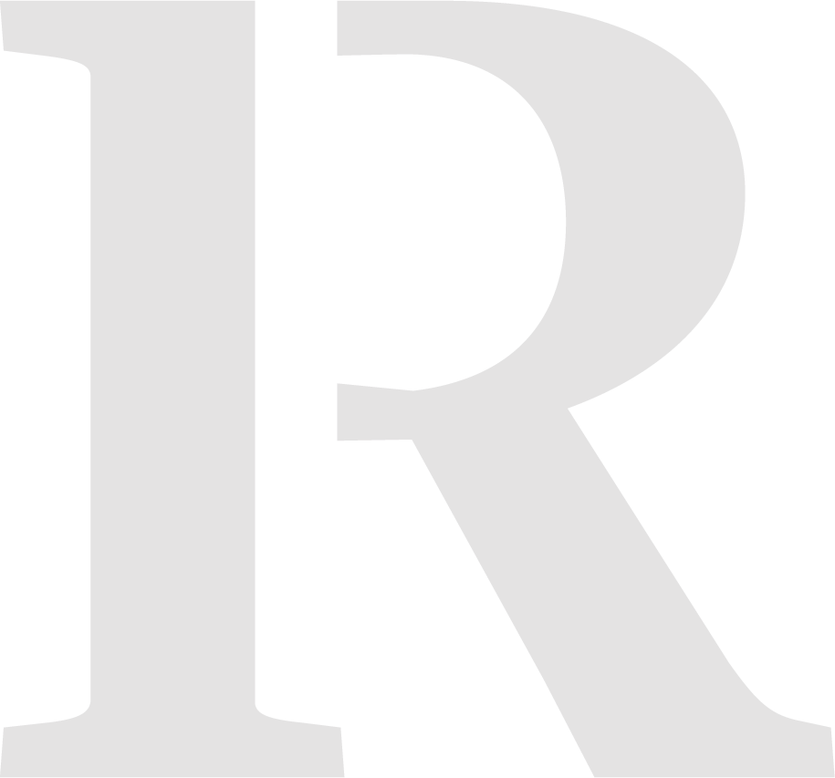 Large black letter 'R' on a black background.