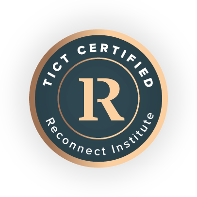 Badge with circular design, text 'TICKET CERTIFIED' and 'Reconnect Institute', and a stylized letter 'R' in the center.