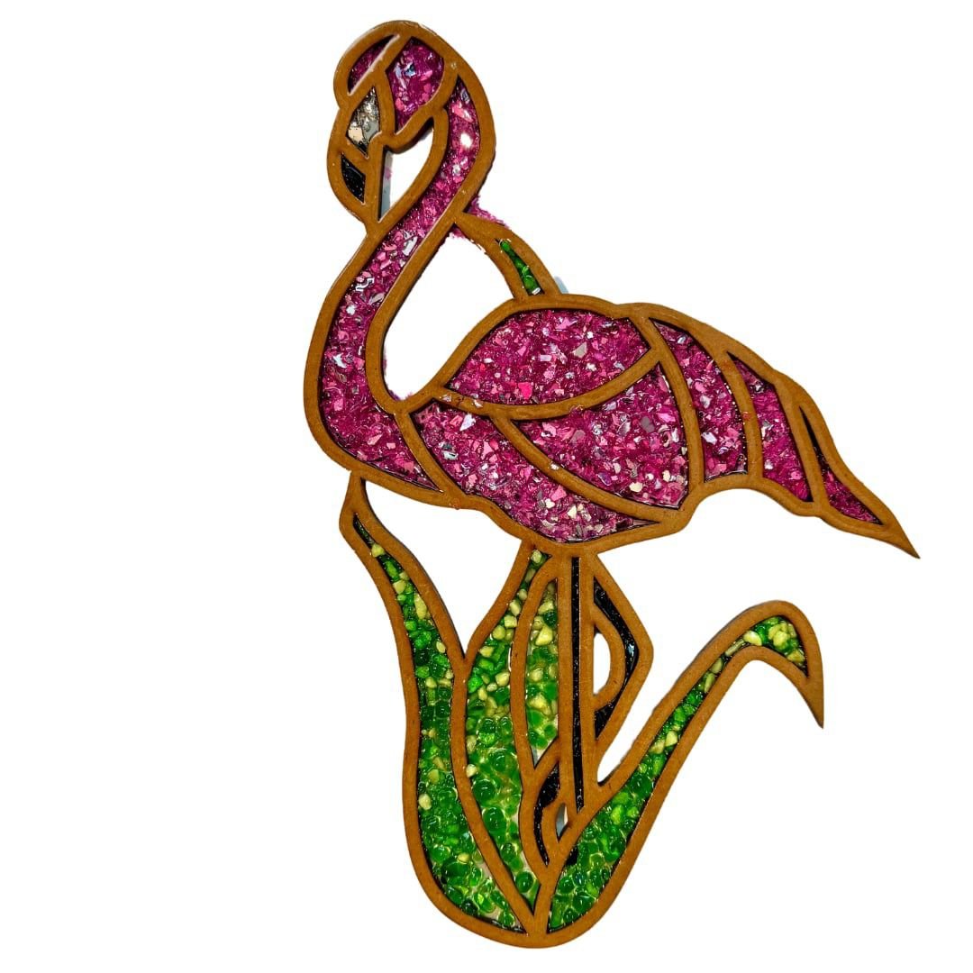 Decorative stained glass-style art of a flamingo with a pink body, green legs, and a large curved beak, outlined in brown.