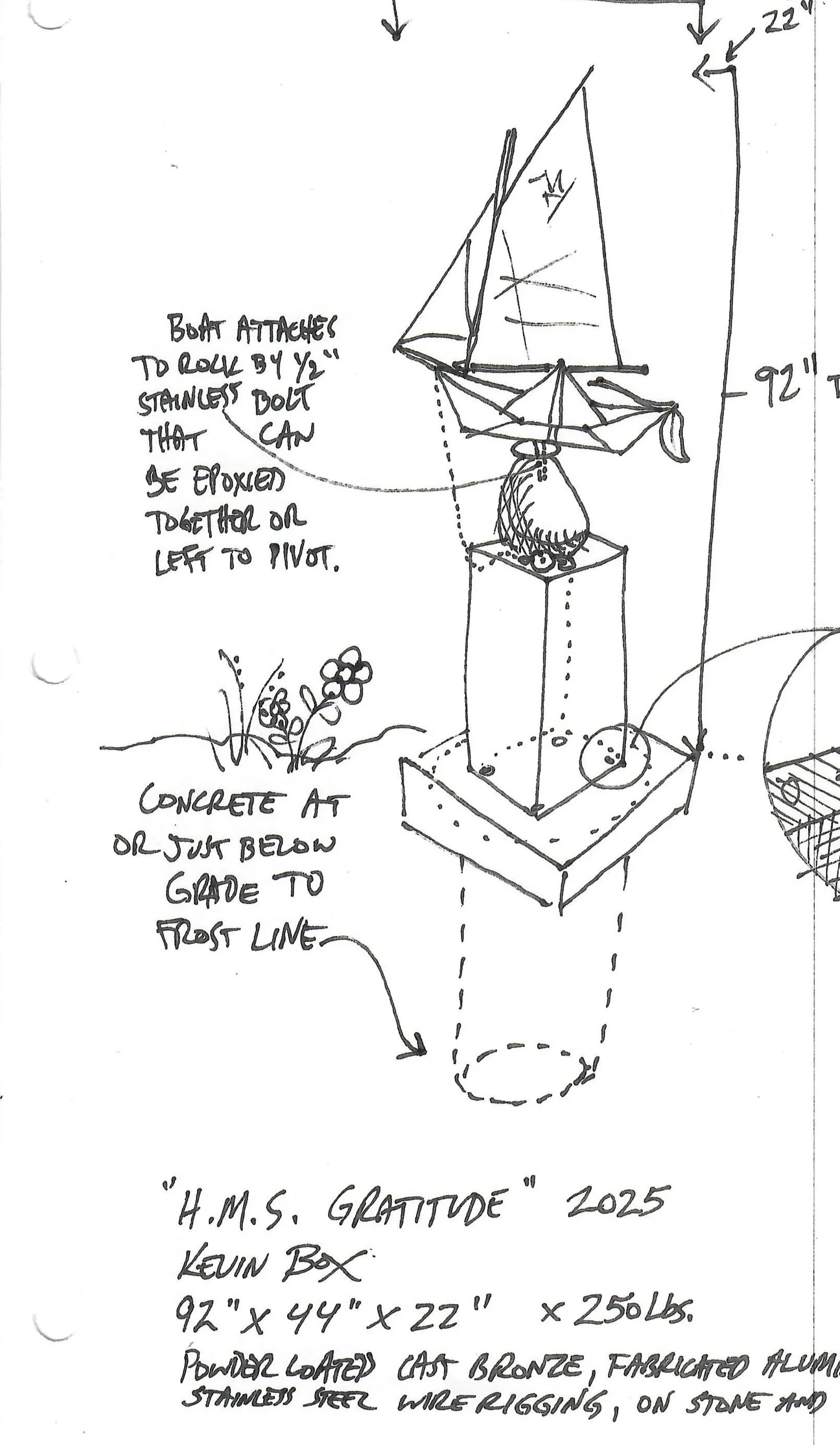 Sketch of a boat with detailed annotations about its construction, including dimensions, materials, and assembly instructions. Notes mention boat attachments, a concrete base, and a box for the boat, along with measurements and materials used.