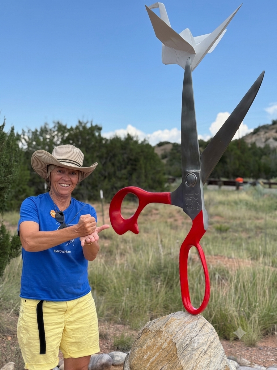 Man with a wide-brimmed hat and blue T-shirt pointing at a sculpture of oversized scissors with a bird on top, set outdoors with trees and a mountain in the background.