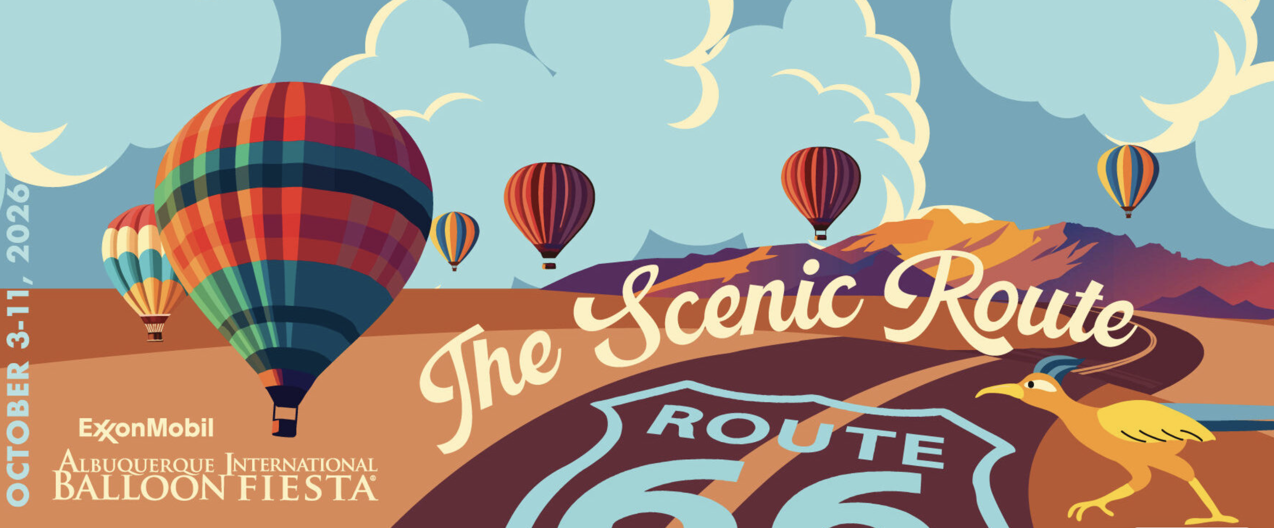 Illustration of hot air balloons over the scenic Route 66 from the Albuquerque International Balloon Fiesta website