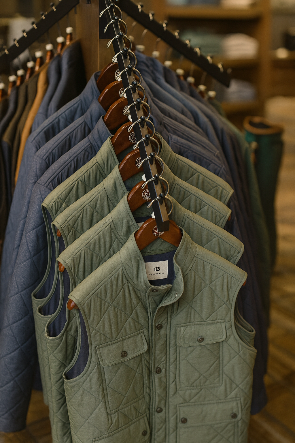 A row of quilted outdoor vests hanging on wooden hangers in a retail store.