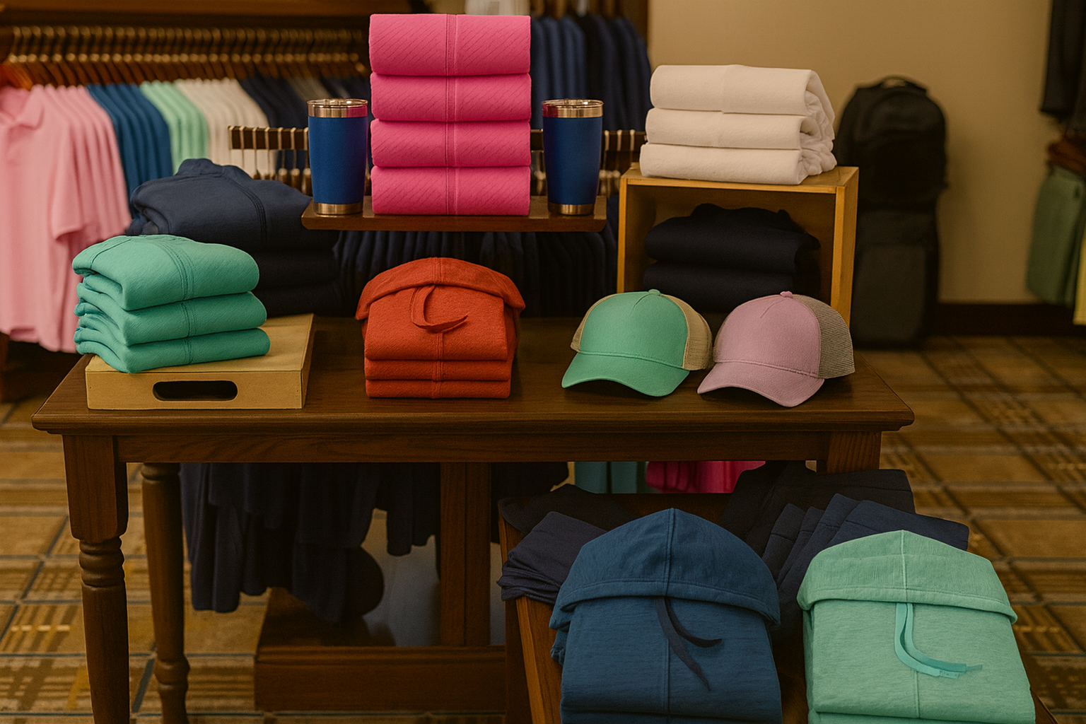 Display of folded and hanging clothing items including hats, sweatshirts, and t-shirts, in a retail store.