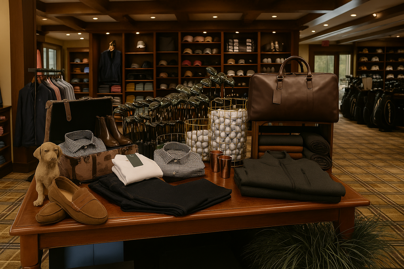 Display table with men's clothing and accessories in a store, featuring folded pants, shirts, a leather bag, and decorative golf balls in glass containers.