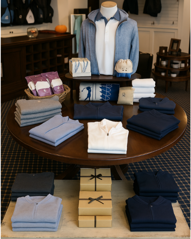 Display of folded golf apparel and accessories on a round wooden table in a store, including sweaters, polos, and gift boxes, with a mannequin dressed in a polo shirt and sweater in the background.