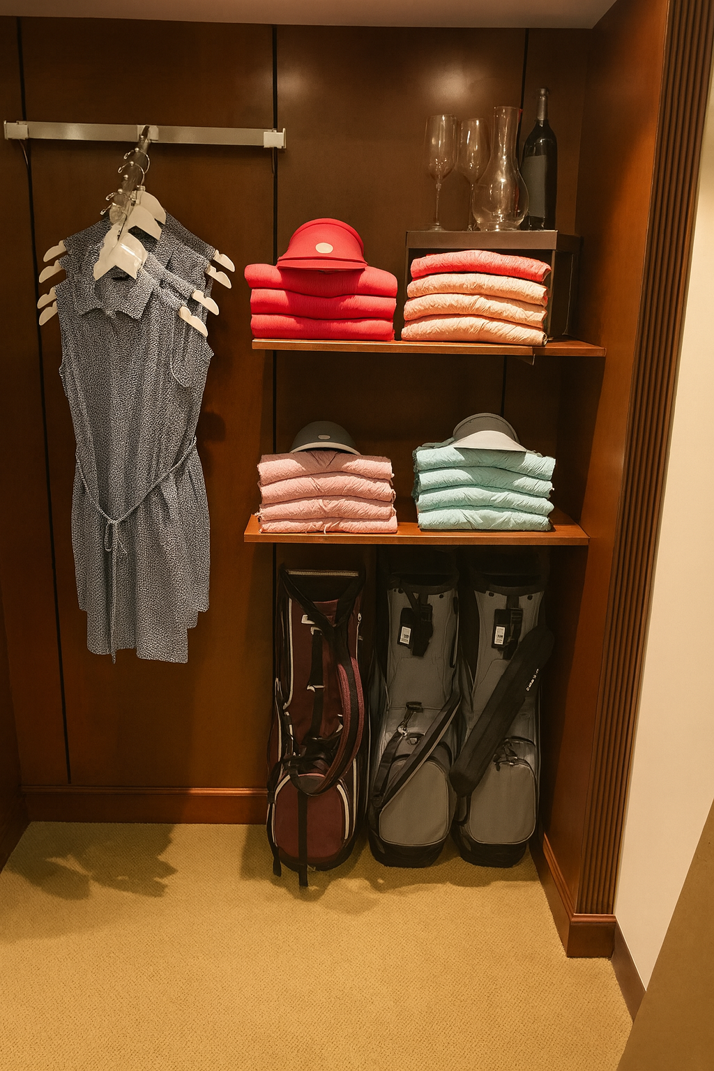 Closet containing folded red, peach, and mint towels, clear glasses, a wine bottle, a grey and a maroon golf bag, and a hanging patterned dress.