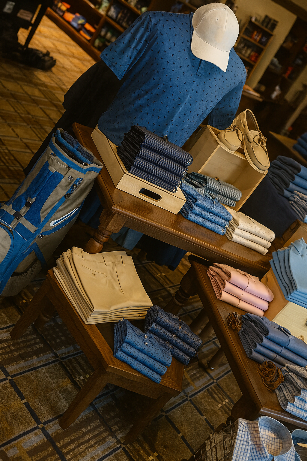 Display of men's clothing and accessories, including folded jeans, beige pants, pink shoes, and a blue polo shirt, on wooden tables. A mannequin dressed in a blue shirt and white cap is in the background.