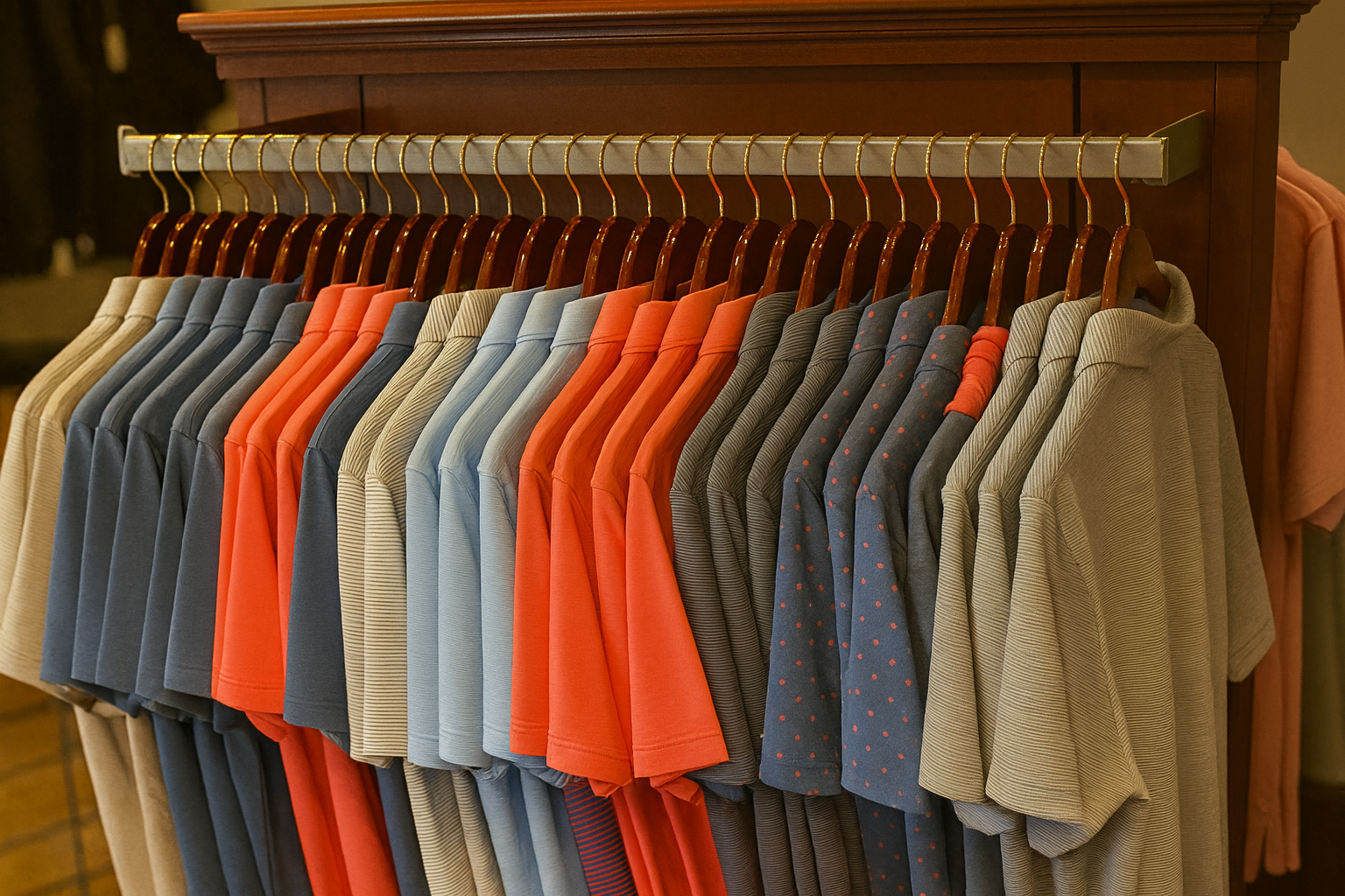 A row of men's casual polo shirts hanging on a rack in various colors and patterns.