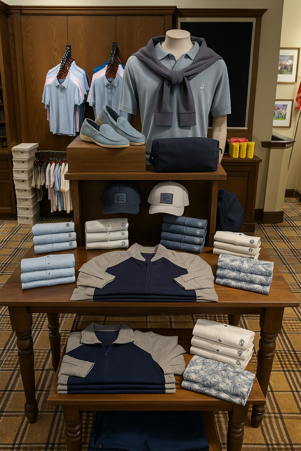 Display of men's clothing and accessories including polo shirts, baseball caps, jackets, and towels arranged on wooden tables and shelves in a retail store.