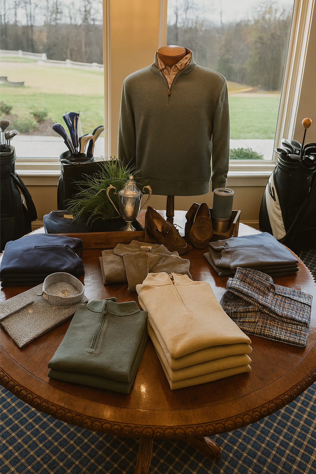 Display of golf clothing and accessories on a wooden table near a window, with golf clubs in bags in the background.