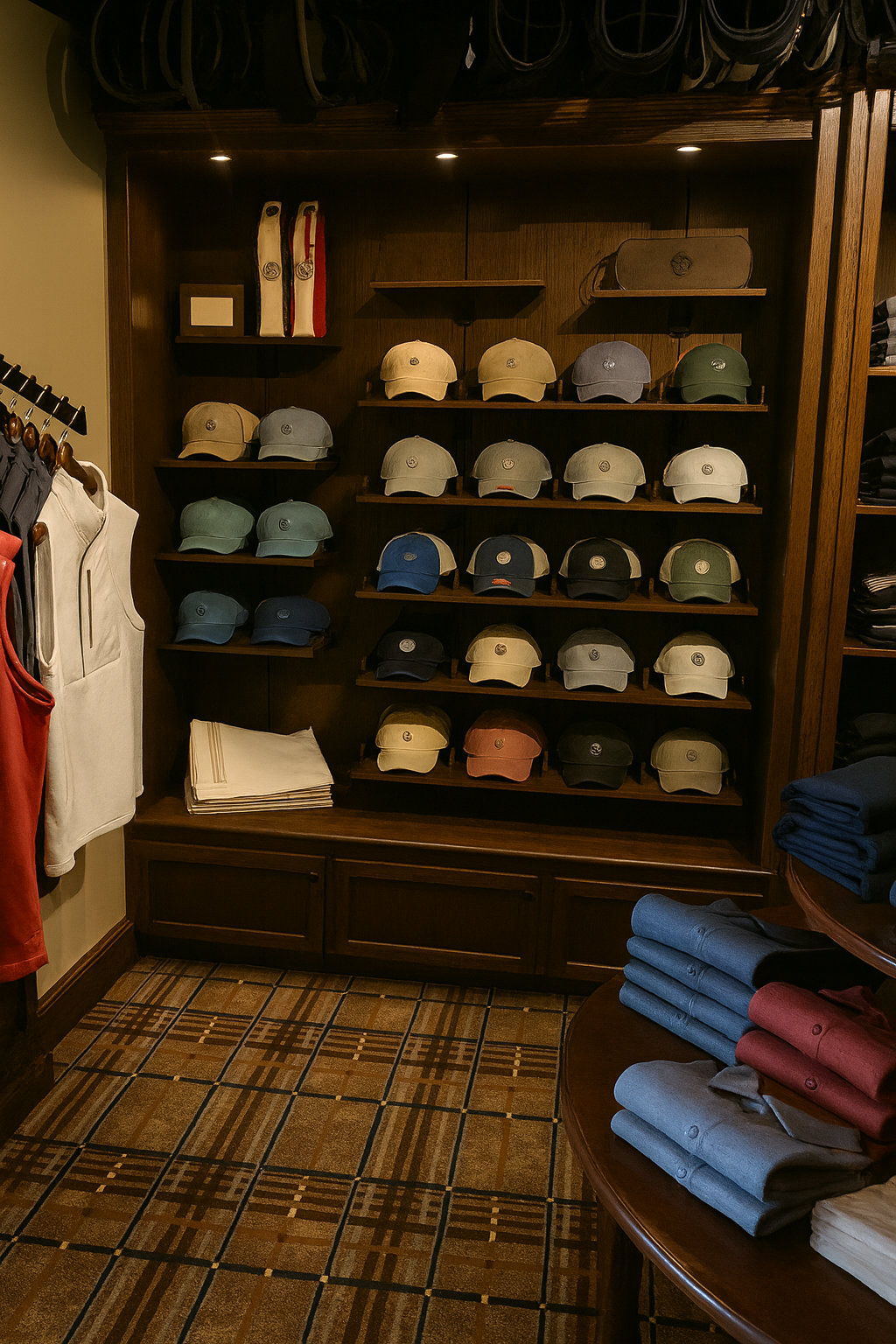 Display of various colored caps on wooden shelves in a retail store.