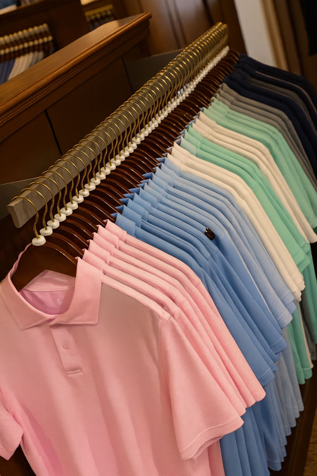 A display of folded polo shirts in pastel pink, blue, green, beige, gray, and darker shades, hanging on wooden hangers in a retail store.