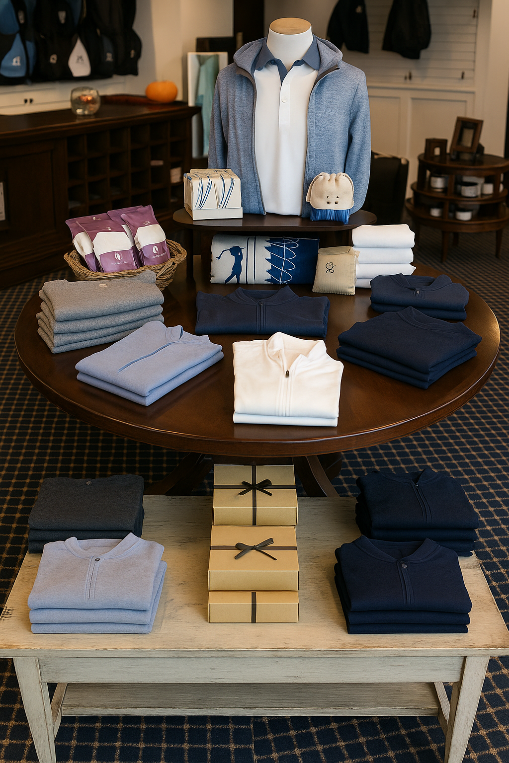 Display of folded sweaters, shirts, and gift boxes on a round and rectangular table in a retail store.