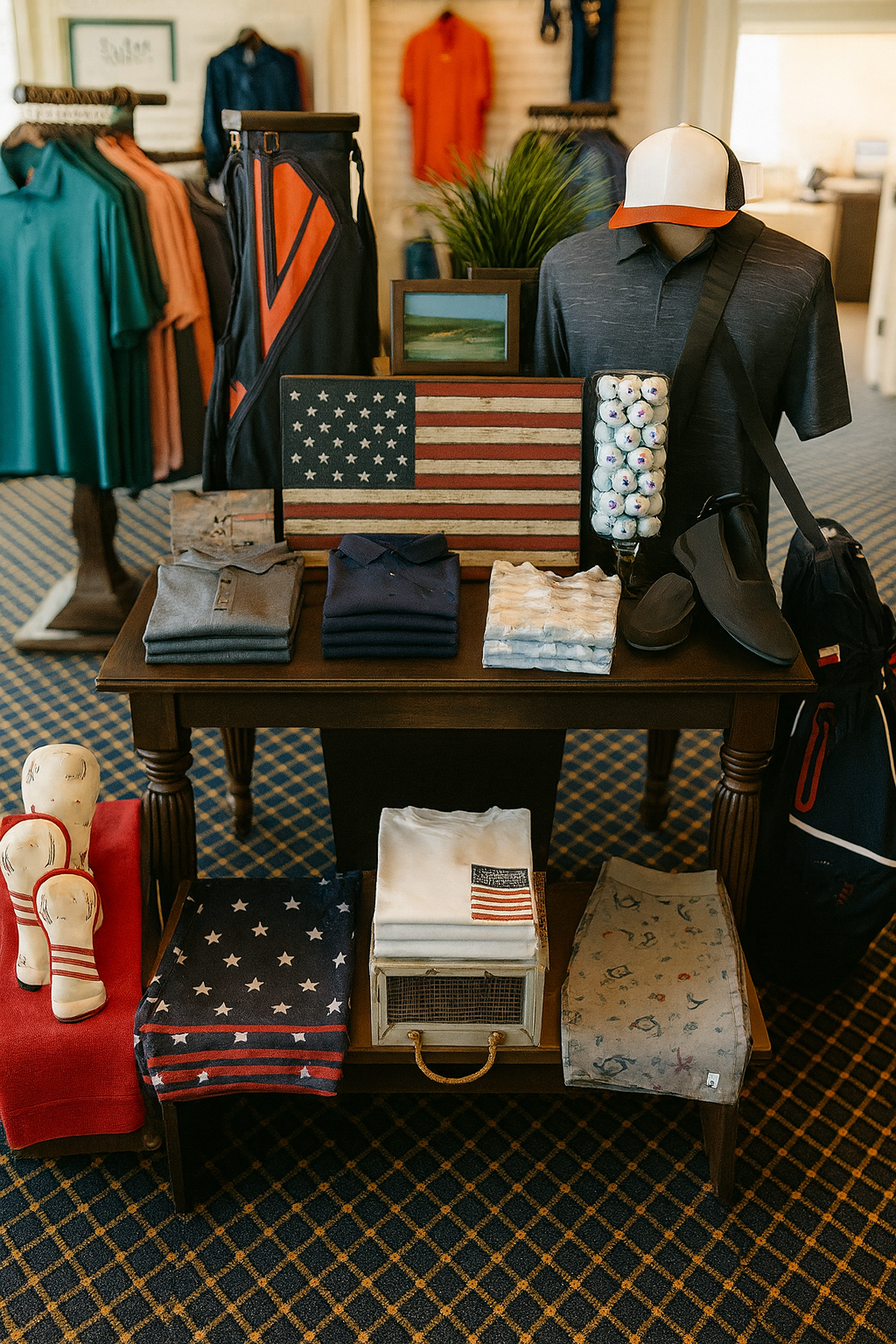 Display of men's golf apparel and accessories with an American flag theme, including golf shirts, hats, golf balls, shoes, and a golf bag, in a retail store.