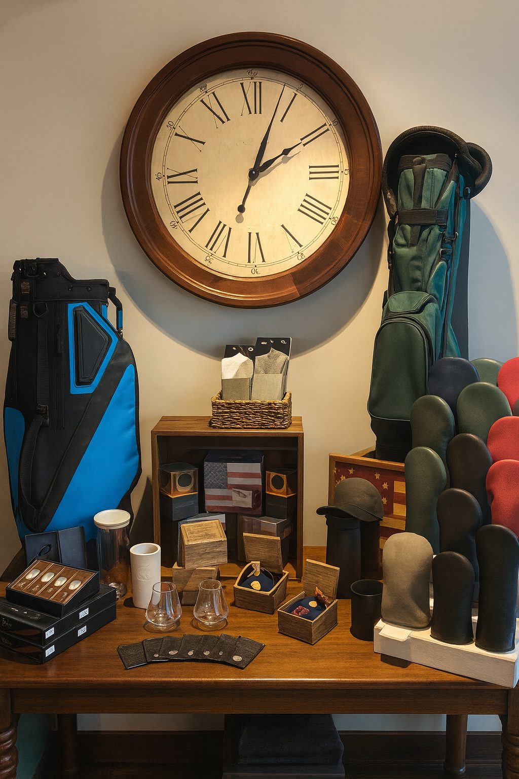A large wall clock with roman numerals hangs above a wooden table with various glasses, boxes, and collectibles, flanked by golf bags and golf club covers.