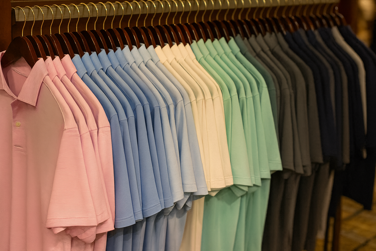 A retail display of polo shirts on a wooden rack, arranged by color from pink, light blue, yellow, mint green, to dark colors.