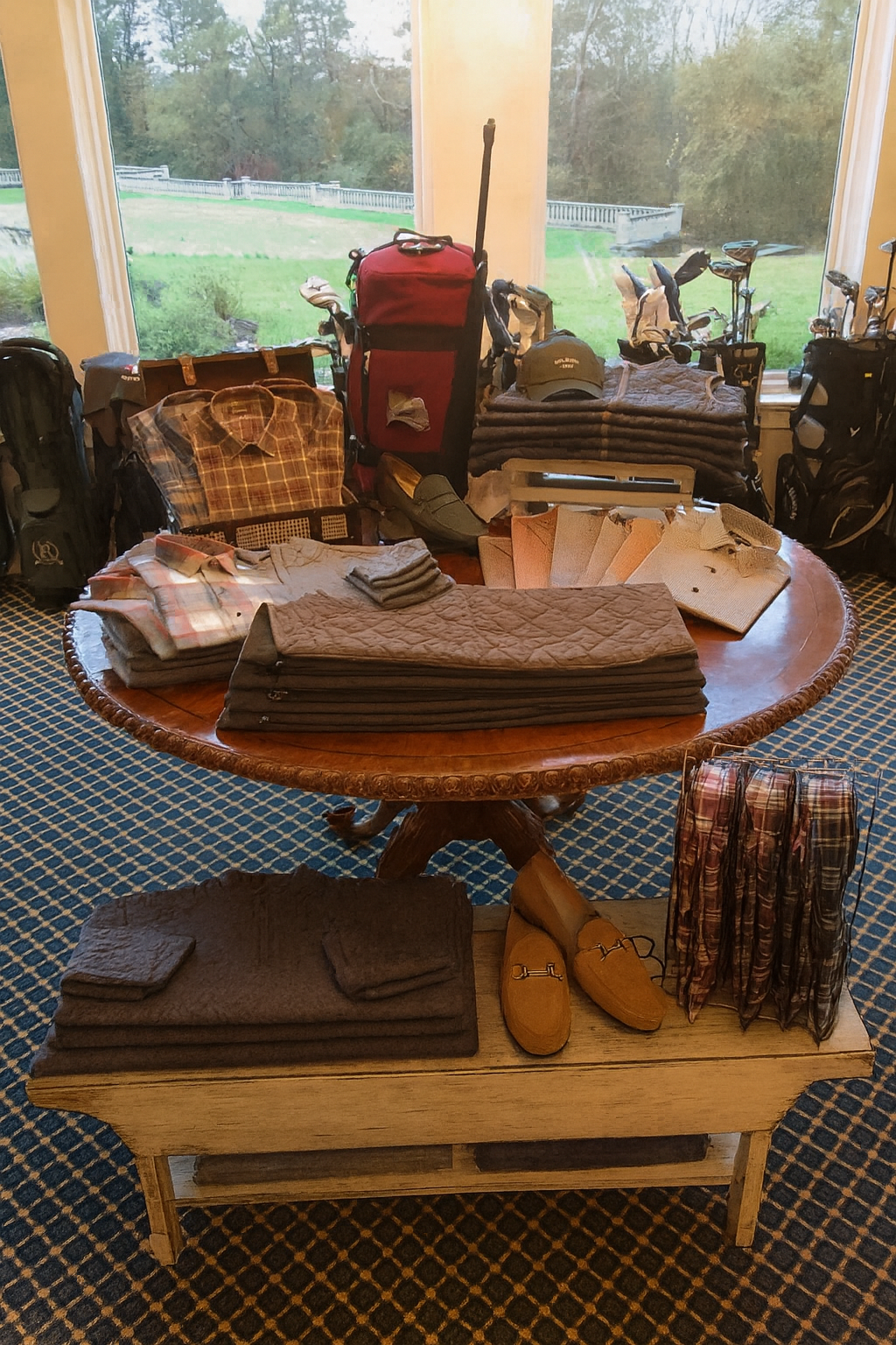 Table with neatly folded men's clothes, hats, and accessories, with golf equipment in the background and a large window showing a grassy outdoor area.