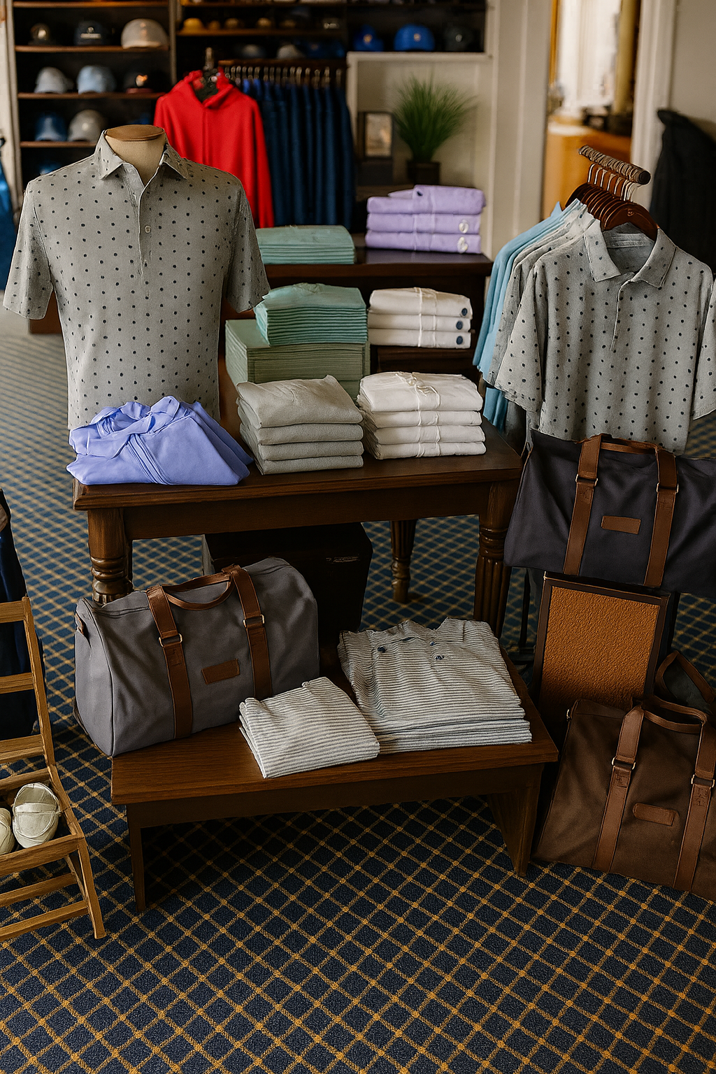 Display of men's clothing, including polo shirts, folded shorts, and bags in a retail store.