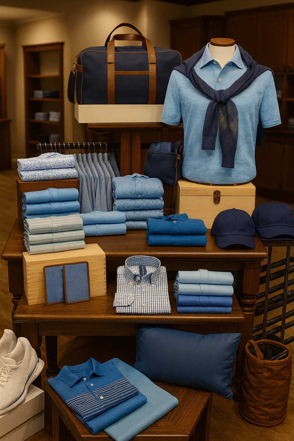 Display of men's clothing and accessories in a store, including folded shirts in shades of blue, blue caps, a blue pullover on a pillow, a blue crossbody bag, and a navy duffel bag, with a mannequin wearing a light blue polo shirt and a navy sweater 