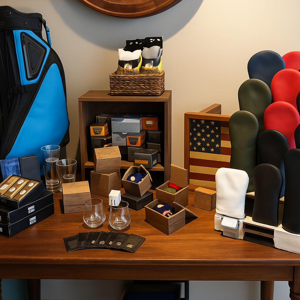 Display of golf accessories and memorabilia including golf shoes, wooden boxes, glassware, and a variety of golf club headcovers in different colors on a wooden table and shelves.