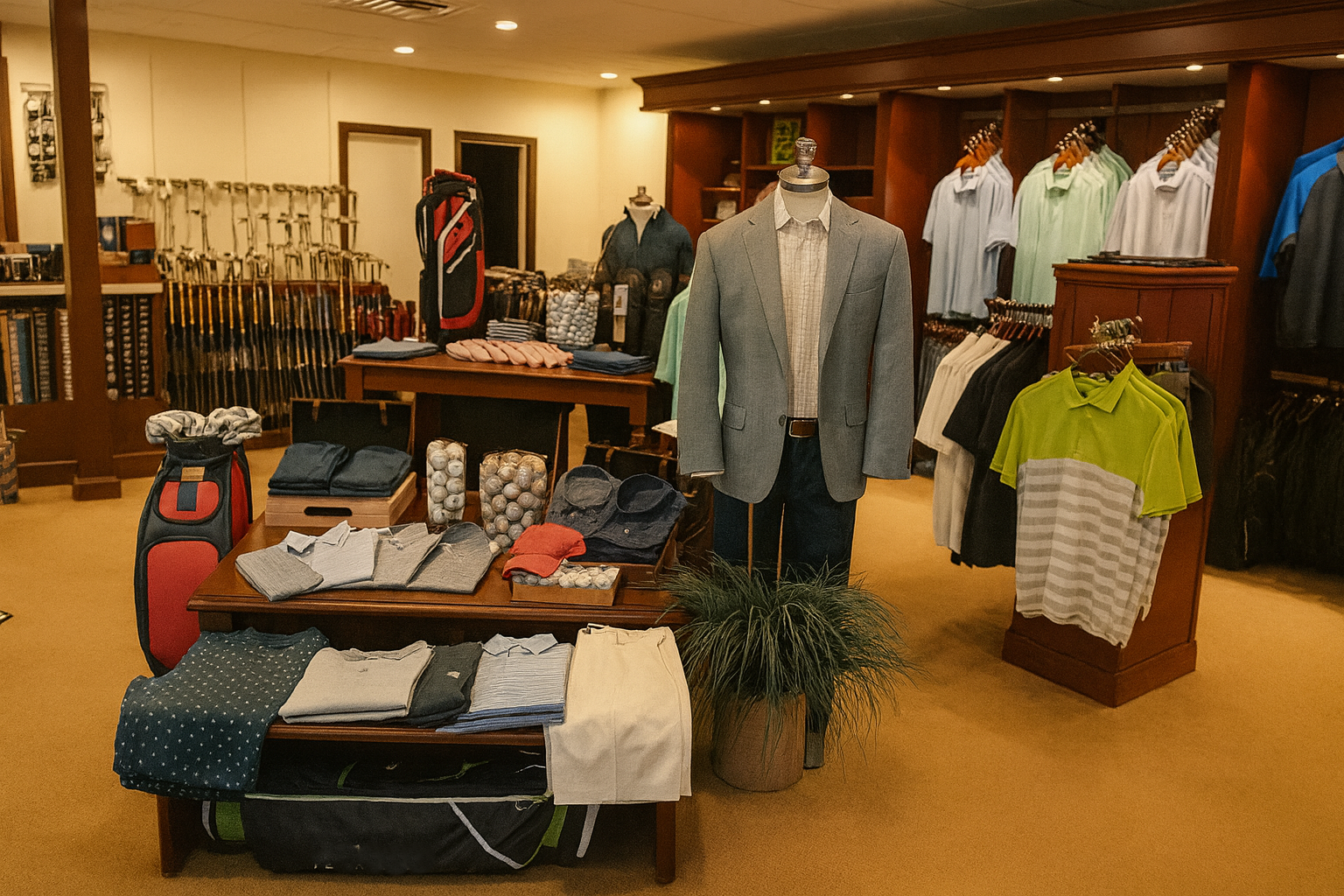 A golf shop with golf clubs, clothing, and golf accessories on display.
