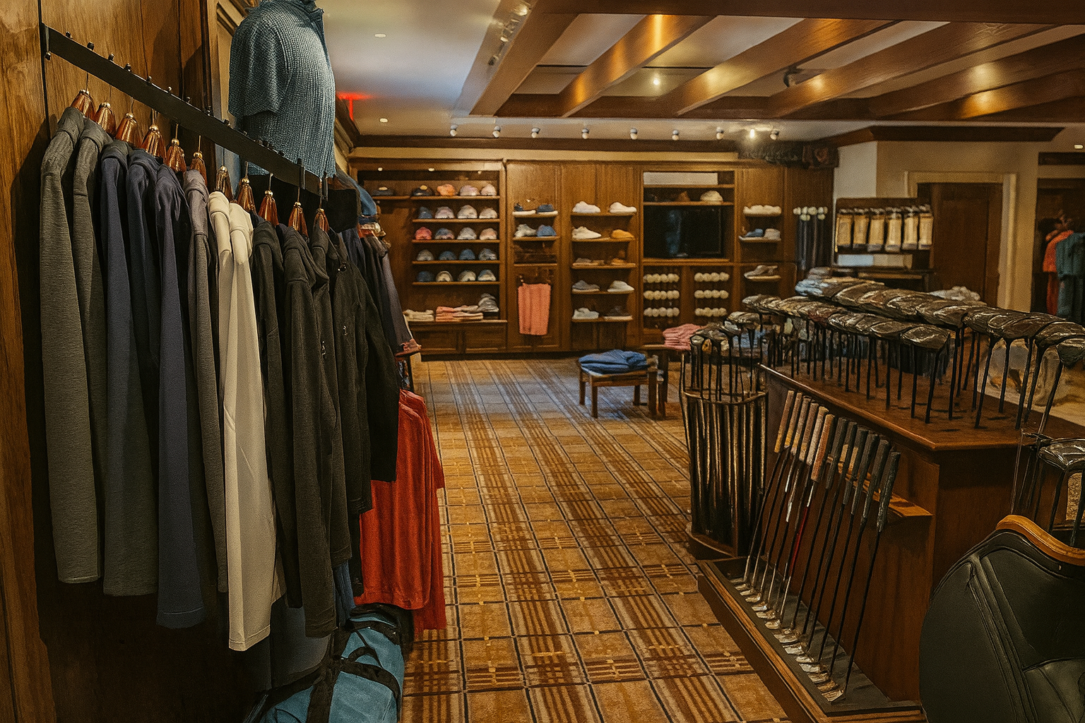 Interior of a golf store with shelves of golf balls, men's golf clothes on hangers, and sections of golf clubs displayed on racks.