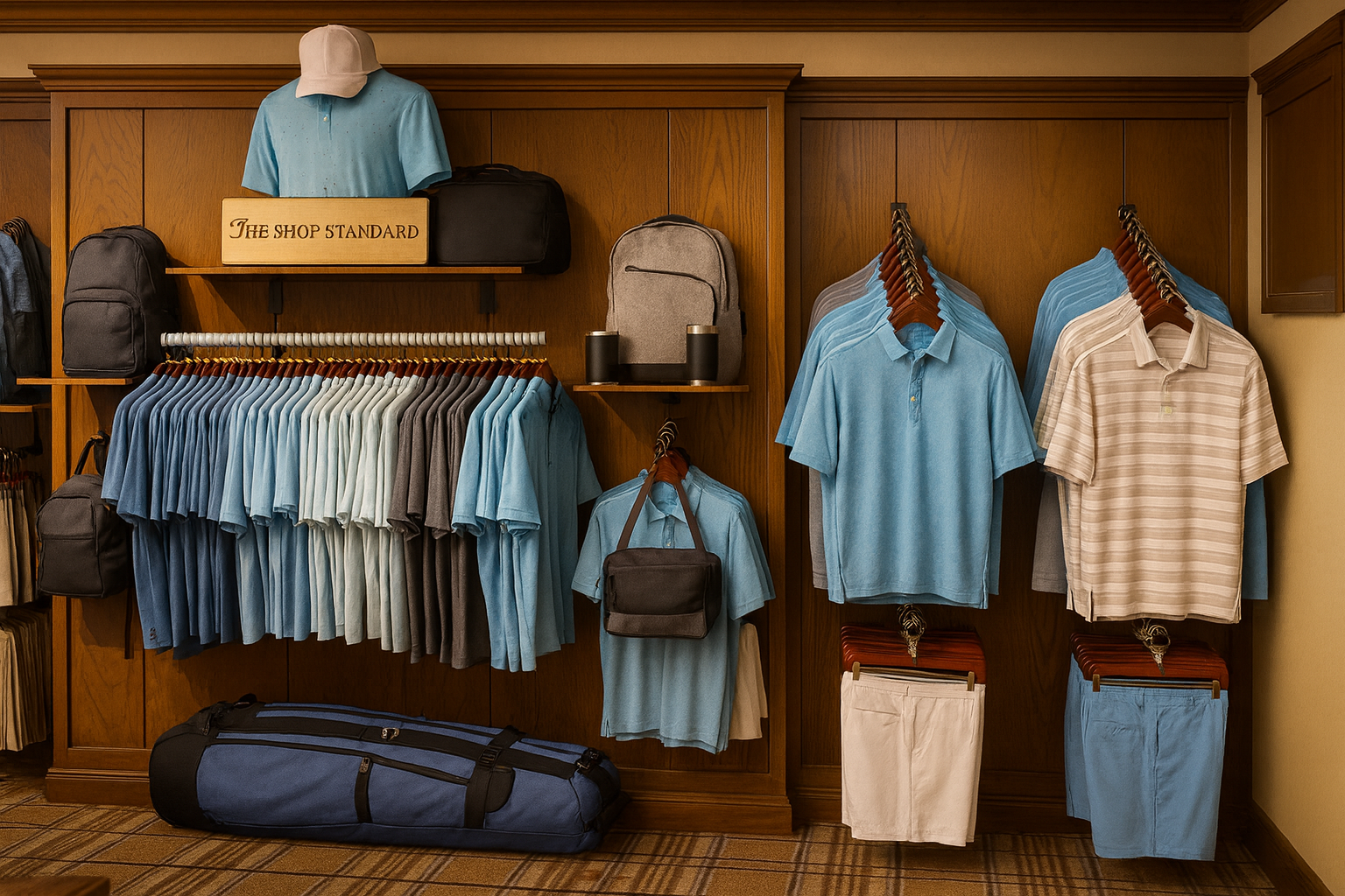 Display of men's golf apparel and accessories including t-shirts, polo shirts, shorts, hats, bags, and a large golf bag, organized in a retail store with wooden shelves and hangers.