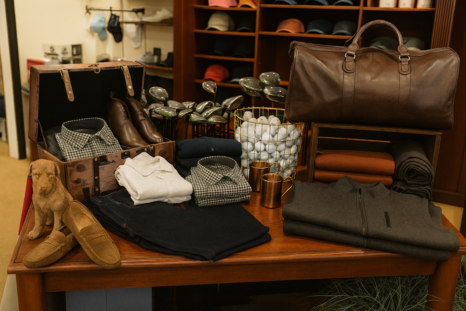 A wooden table displaying men's clothing and accessories, including folded shirts, jeans, a pair of brown loafers, a stuffed animal, a vintage suitcase with shoes inside, a large leather duffle bag, two copper mugs, and neatly rolled pants. In the ba