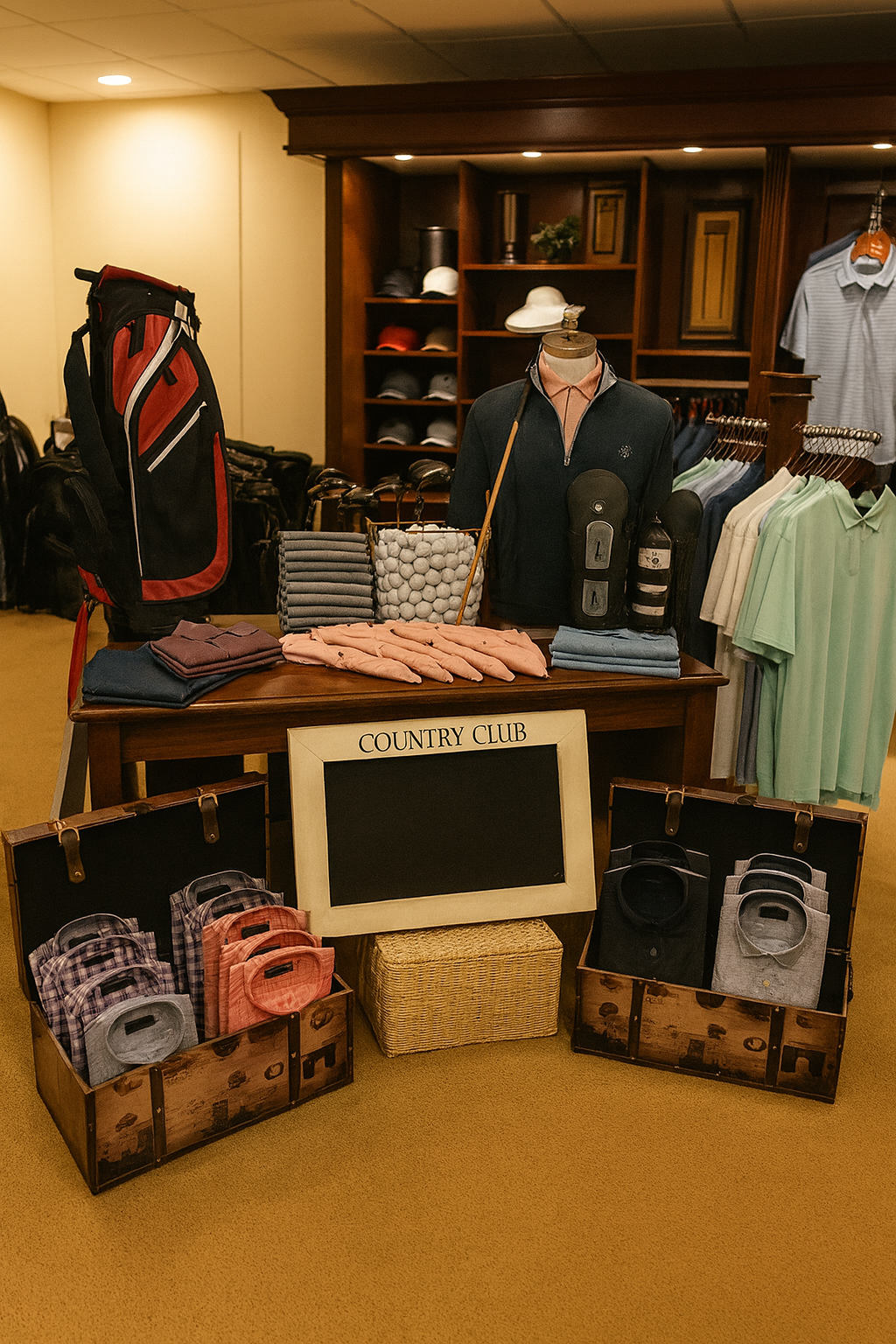 Display of men's golf apparel and accessories in a store, including golf gloves, caps, polo shirts, and golf bags at a Country Club-themed display.
