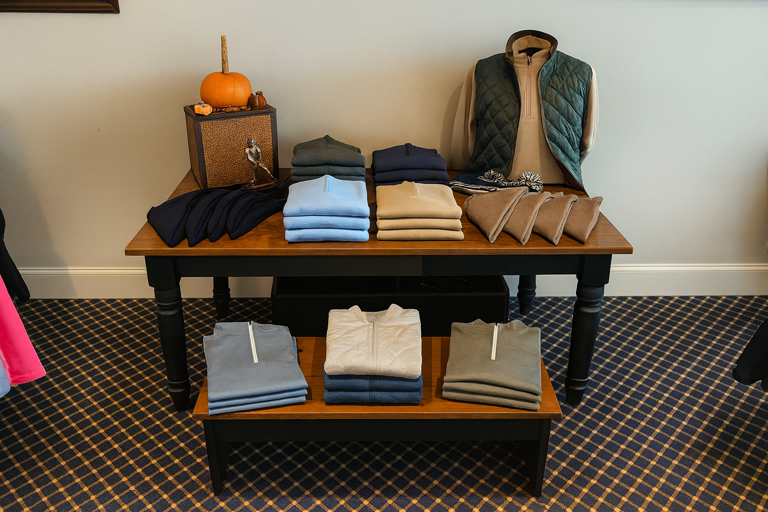 Display of folded sweaters on a two-tiered wooden table in a clothing store with a pumpkin and decorative items on top.
