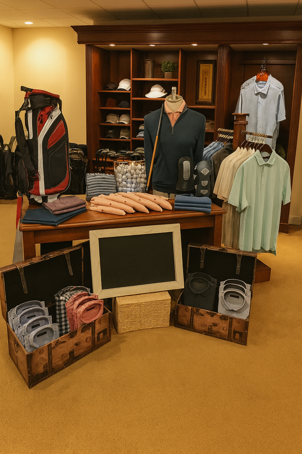 A display of men's golf apparel and accessories in a store, including polos, golf gloves, hats, and a golf bag.