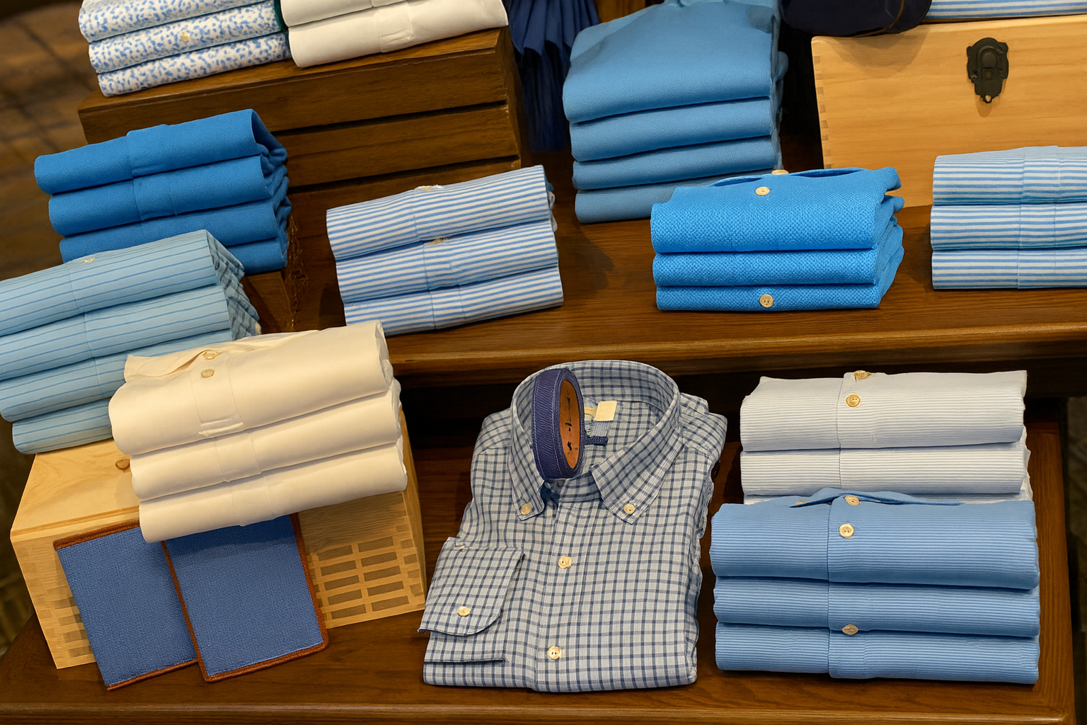 Display of folded men's dress shirts in shades of blue, white, and patterns on wooden tables in a clothing store.
