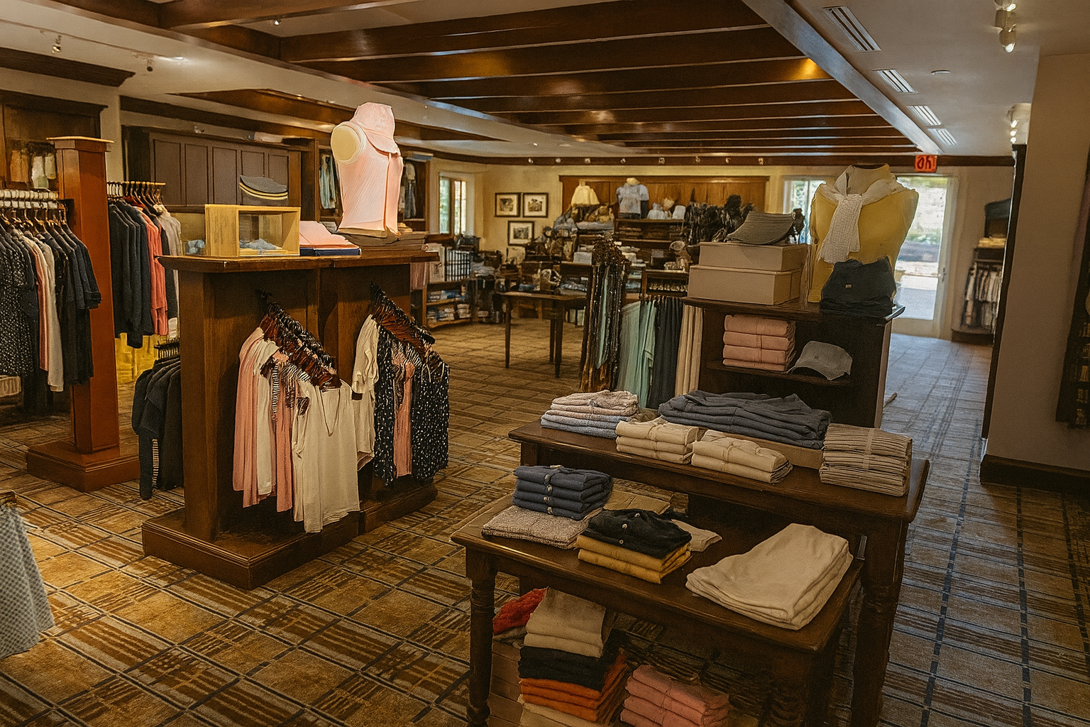 Interior of a clothing store with wooden shelves and tables displaying folded clothes, shirts on mannequins, and racks of hanging garments.