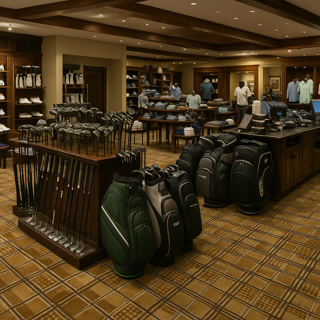 Golf pro shop with golf clubs, bags, and apparel displayed on shelves and tables.