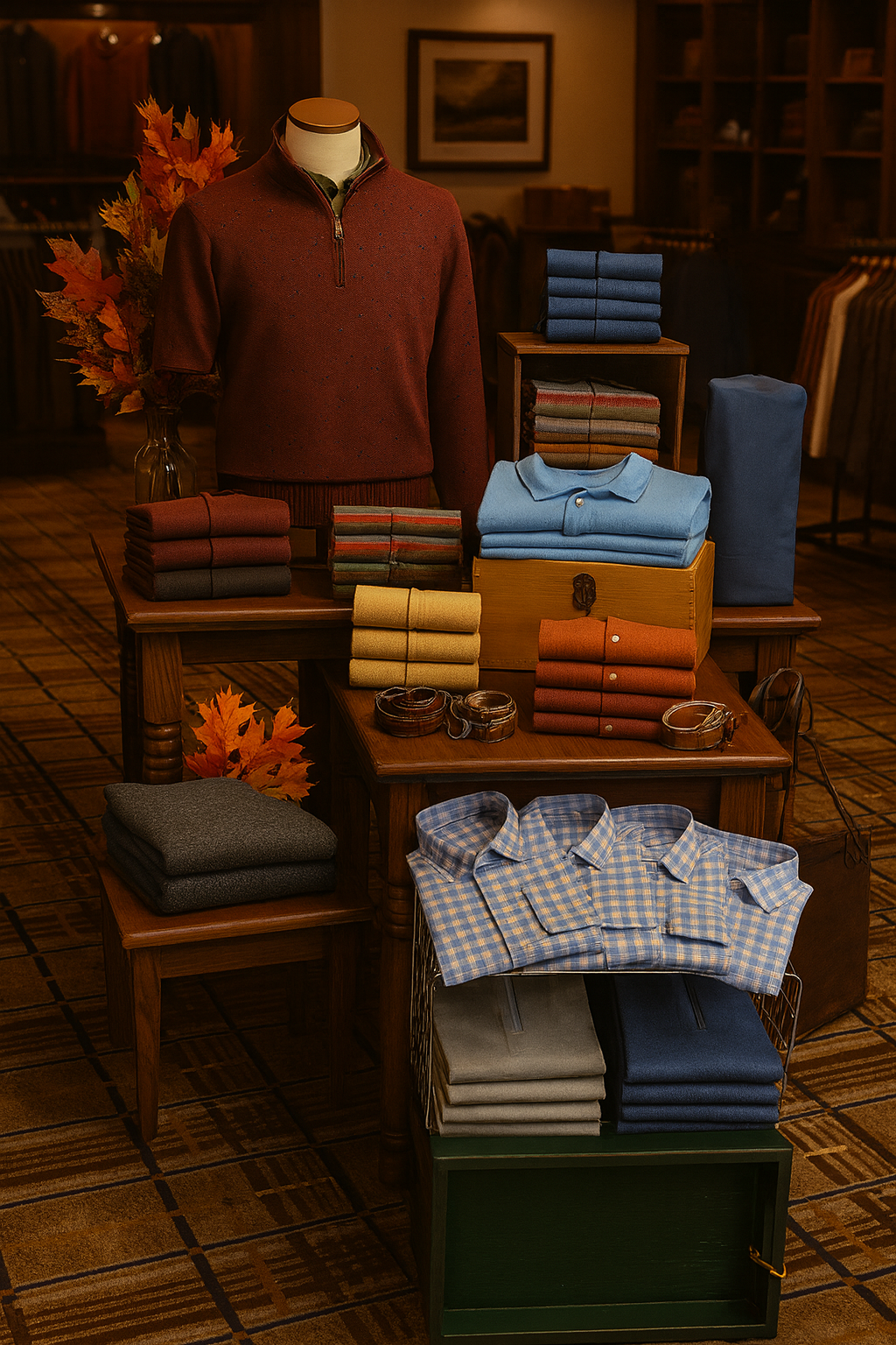 Display of folded men's clothing including sweaters, polo shirts, dress shirts, and pants arranged on wooden tables and shelves in a store.