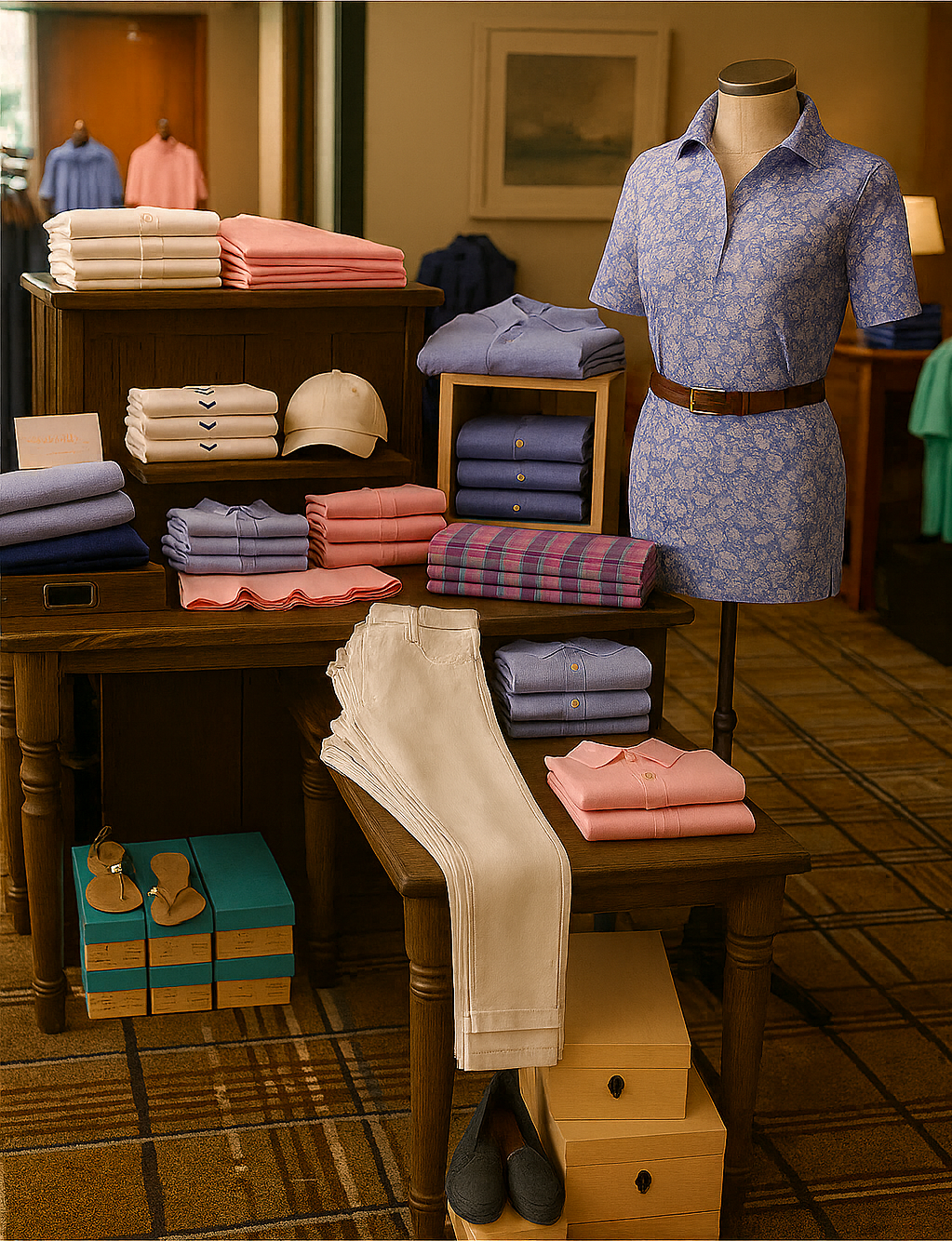 Display of folded men's dress shirts in various colors and patterns on a wooden table and shelves, with a mannequin dressed in a blue floral dress and belt showing a shirt and skirt outfit in a store setting.