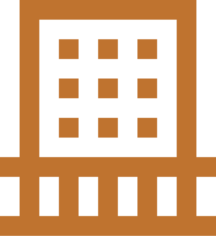 Stylized depiction of a tall brown building with a black grid of windows and a brown base with black openings.